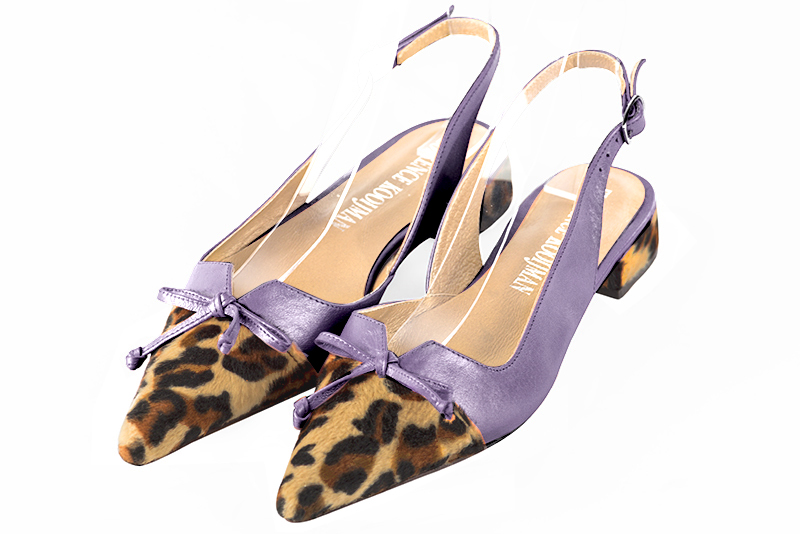 Safari black and lilac purple women's open back shoes, with a knot. Pointed toe. Flat flare heels. Front view - Florence KOOIJMAN